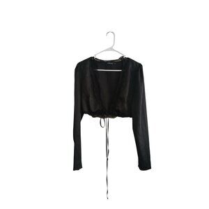 Double Crazy Womens M Black Satin Crop‎ Top Long Sleeve Tie Front  Blouse Party
